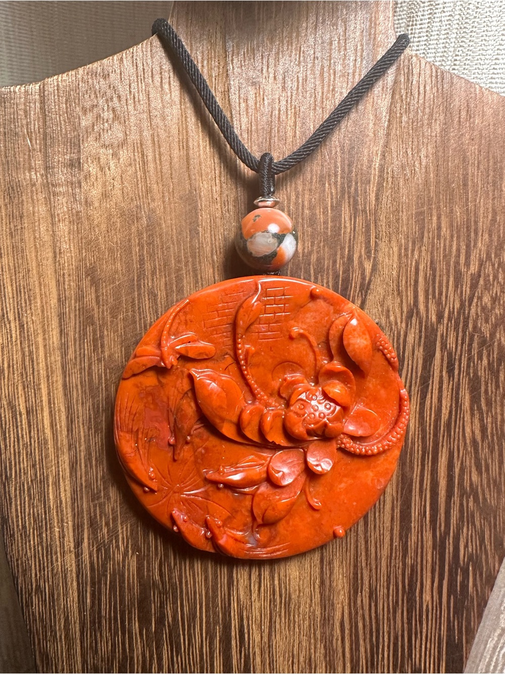 Large Round Red Agate Lotus and Dragonfly Pendant Necklace on Black Rope